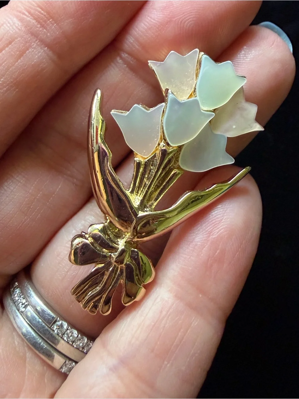 Vintage Gold Tone Flower pins - Heart Rose Tack + Mother of Pearl Tulip Brooch